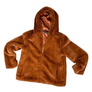Rachel Zoe Rust Brown Faux Fur Zip Up Hoodie Jacket Women Coat RN 75343